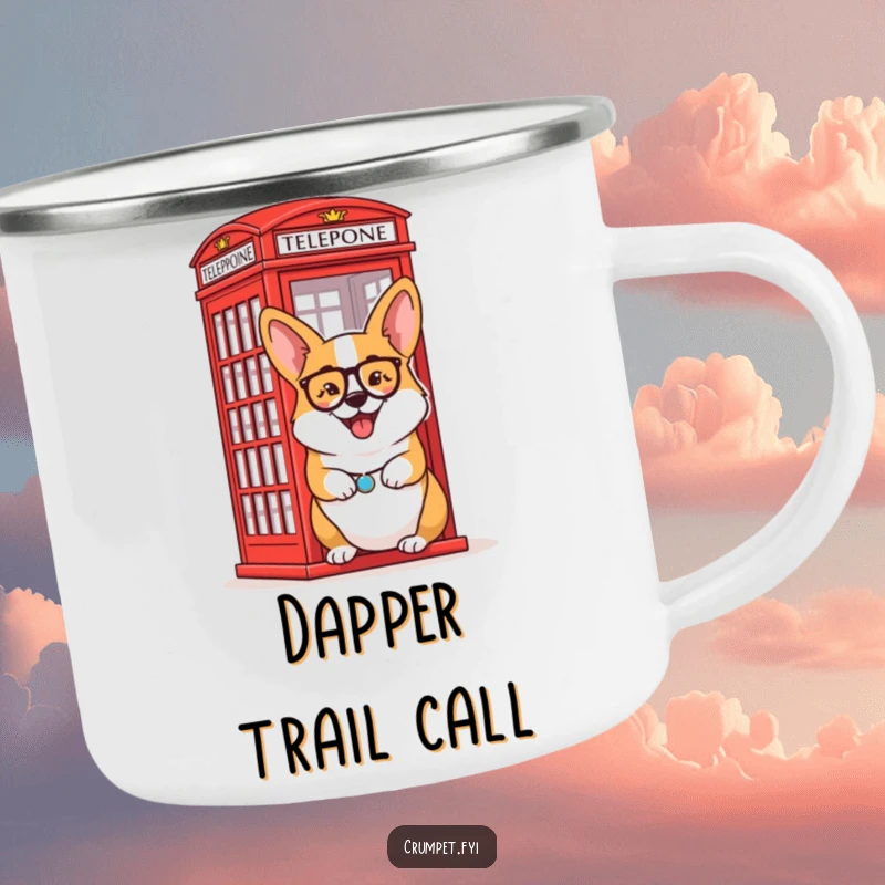 Funny Camping Mug: A delighted corgi wearing a monocle winks beside a red telephone box.