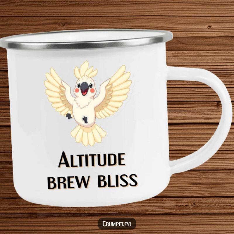 Funny cockatoo camping mug featuring a happy cockatoo flying with outstretched wings. Durable and humorous drinkware for enjoying the outdoors.