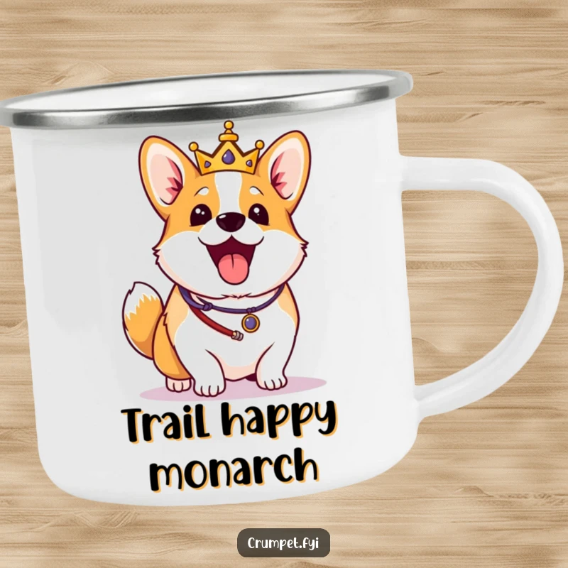 Funny Corgi Camping Mug: An excited corgi in royal regalia wags its tail vigorously, perfect for outdoor adventures with regal flair.