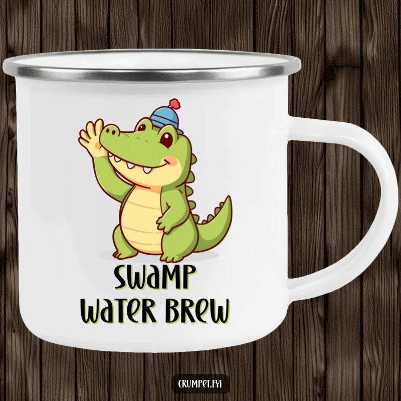 Funny crocodile camping mug with a smiling crocodile in a tiny hat waving. Durable and humorous drinkware for outdoor enthusiasts.