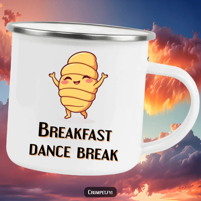 Funny camping mug with a happy croissant character doing a silly dance, perfect for outdoor adventures with baked goods humor, ideal funny gift.