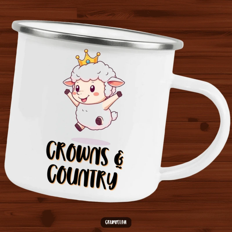 Funny Sheep Camping Mug showing a fluffy sheep with a crown, joyfully leaping, perfect for outdoor adventures and a good laugh.