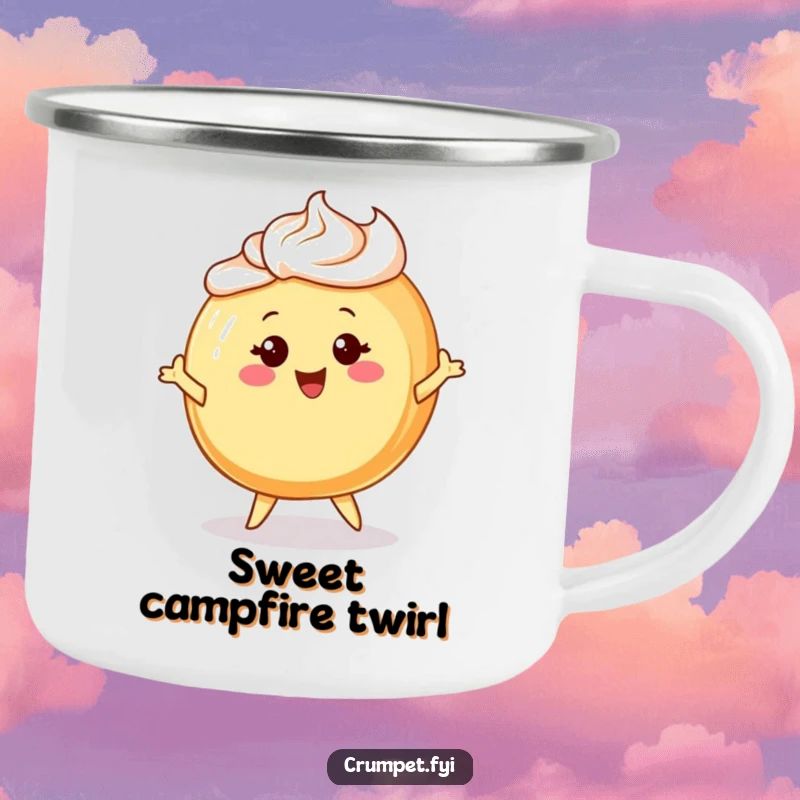 Funny camping mug featuring a cheerful Danish pastry character with frosting hair, happily twirling during outdoor enjoyment.