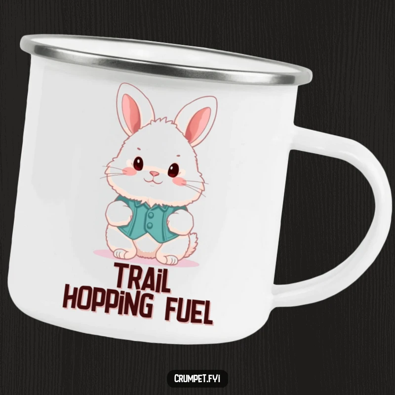 Funny fluffy bunny wearing a waistcoat, hopping in nature, on a durable camping mug, a humorous gift.
