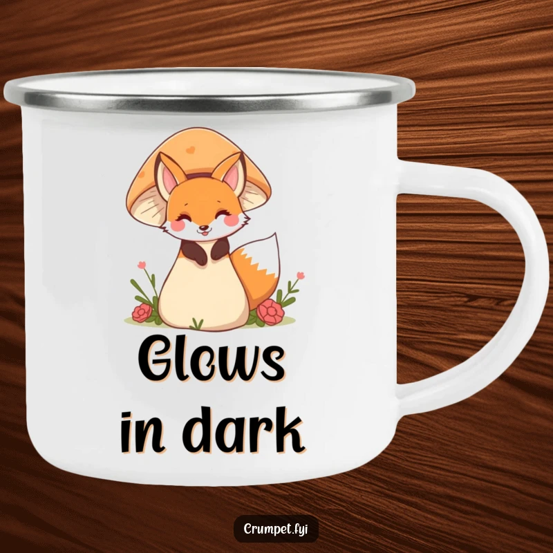 Funny fox camping mug featuring a playful fox peeking from behind a mushroom, designed for outdoor enjoyment and whimsy.