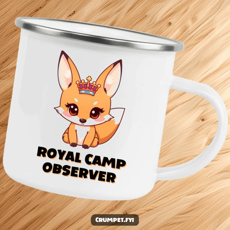 Funny camping mug showing a curious fox with wide eyes examining a miniature royal crest, ready for outdoor fun.