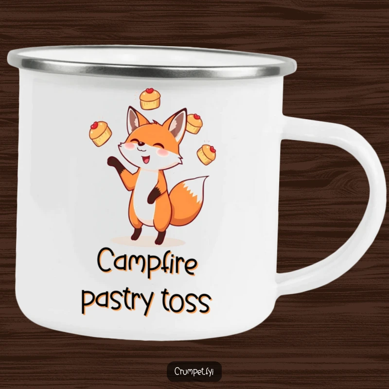 Funny enamel camping mug showcasing a delighted fox juggling scones, perfect for adding humor and functionality to outdoor adventures.
