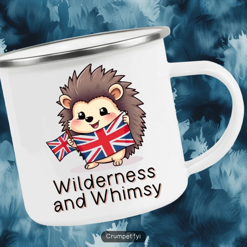 Funny happy hedgehog camping mug proudly holding a Union Jack flag, perfect for patriotic outdoor adventures.