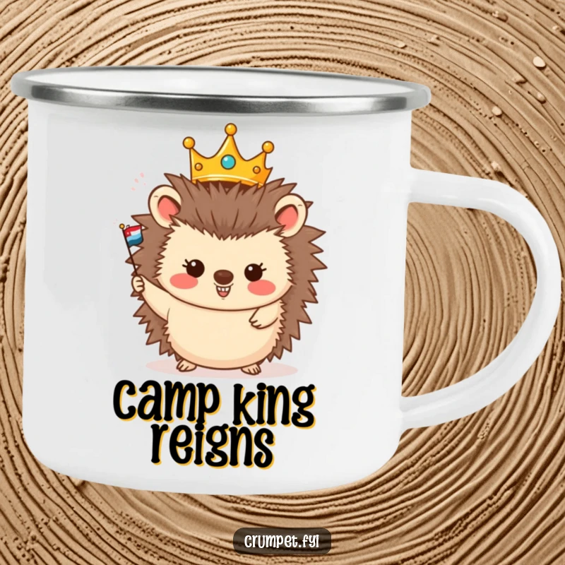Funny camping mug showing a crowned hedgehog happily waving a miniature flag, built for regal outdoor enjoyment.
