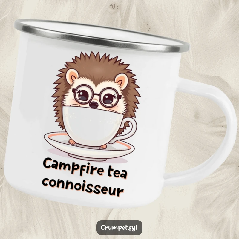 Funny hedgehog camping mug showing a hedgehog with a monocle peeking over a teacup, ideal for outdoor adventures and gift.