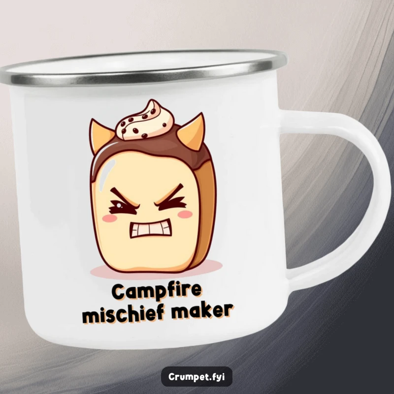 Funny pain au chocolat character winking with a devilish grin on a durable camping mug, for charmingly mischievous outdoor experiences.