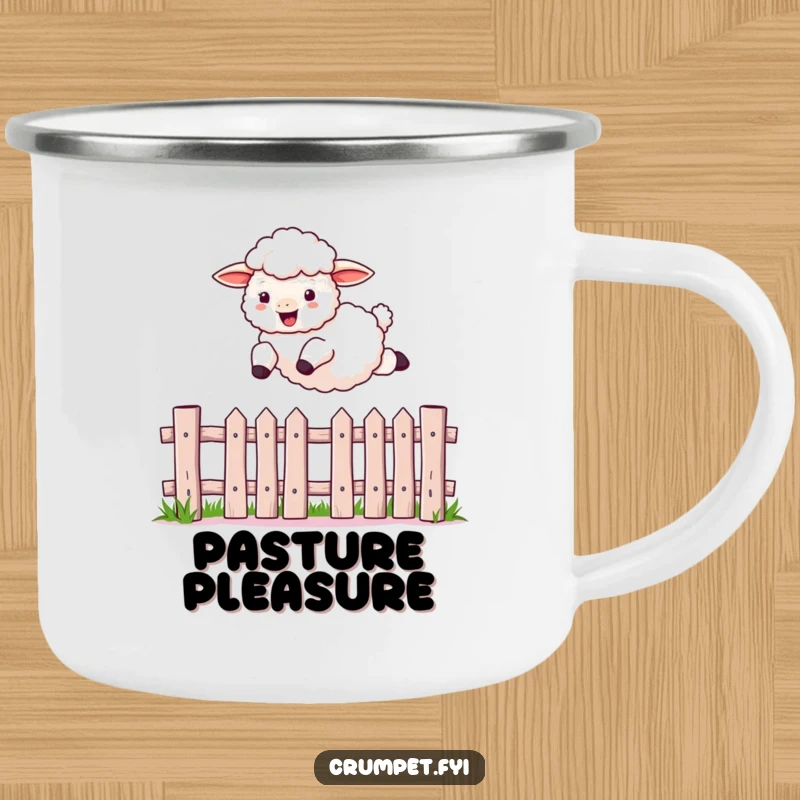 Funny sheep camping mug showing a fluffy sheep mid-jump over a picket fence, designed for outdoor fun and laughter.