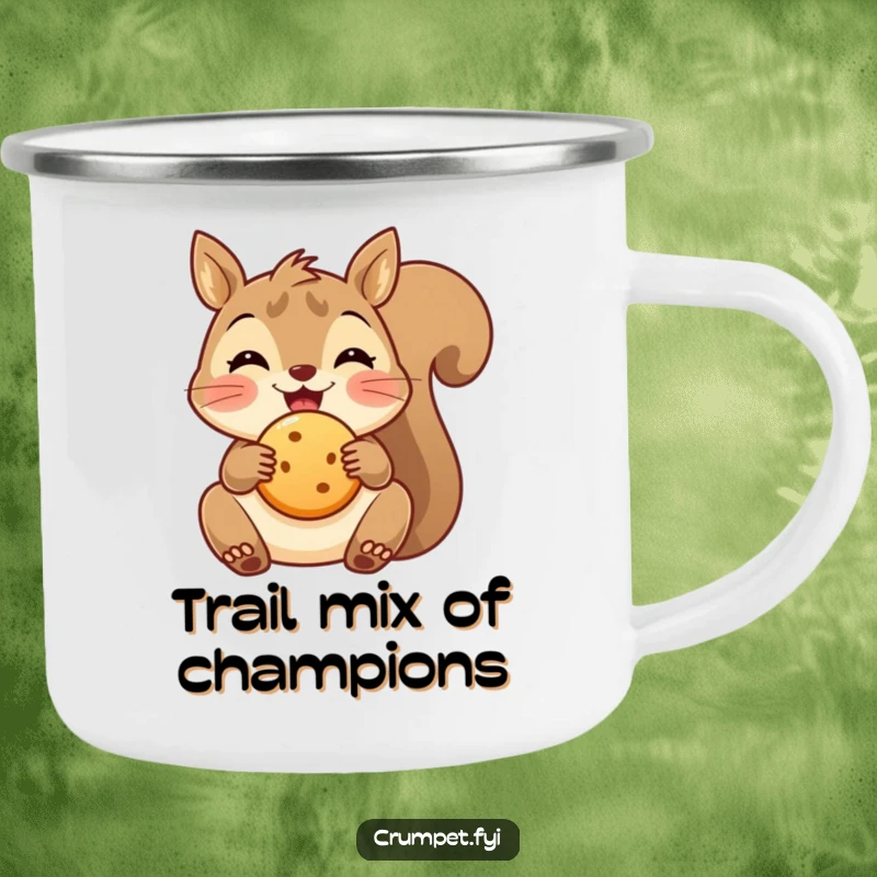 Funny delighted squirrel camping mug holding a small biscuit, perfect for snack-loving outdoor adventures.