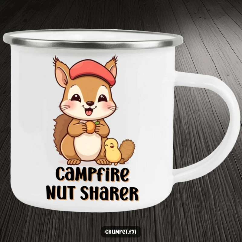 Funny Camping Mug with a happy squirrel in a beret sharing nuts with a friend, ideal for outdoor adventures and hot beverages.