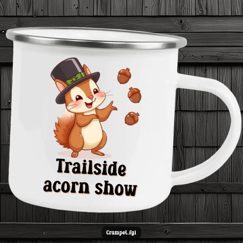 Funny squirrel camping mug showing a squirrel in a bowler hat juggling acorns with glee, ideal for outdoor fun gift.