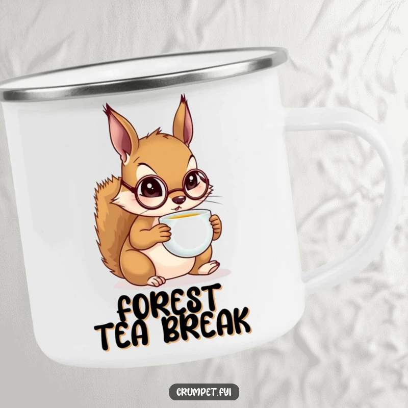 Funny Squirrel Camping Mug where a squirrel in a monocle sips tea, perfect for enjoying nature with a touch of class.