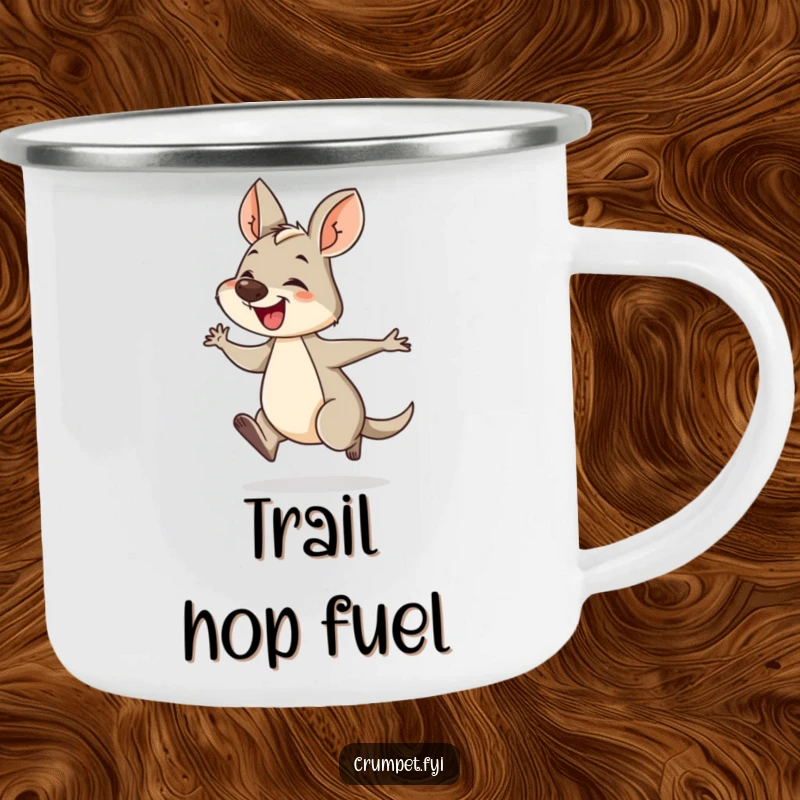 Funny wallaby camping mug featuring a giggling wallaby hopping energetically. Durable and humorous drinkware for enjoying the outdoors.