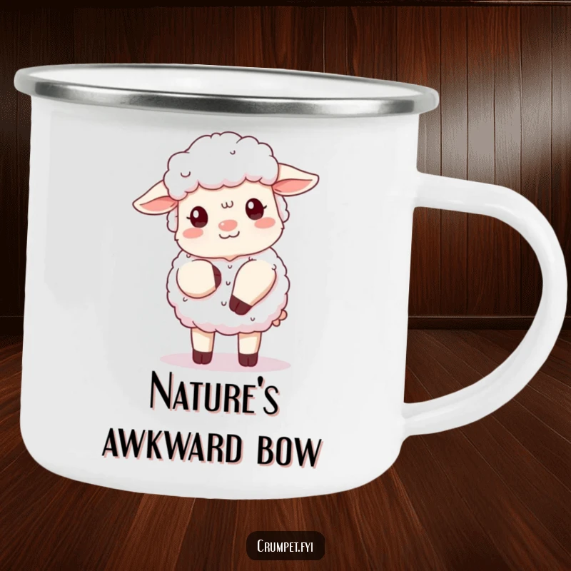Funny fluffy sheep camping mug showing a polite sheep doing a clumsy curtsy, ideal for outdoor enthusiasts and humor gift.