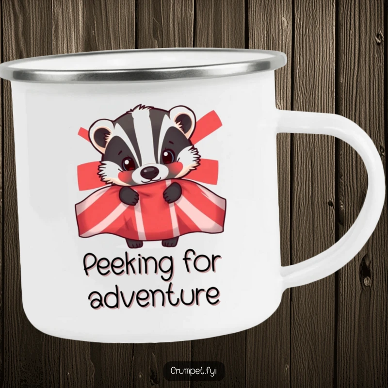 Funny badger camping mug, enamel mug, curious animal peeking from teapot, outdoor gear, humorous gift for hikers.