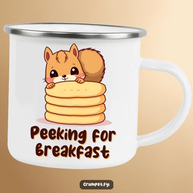 Funny camping mug with a curious squirrel peeking from behind crumpets, ready for outdoor fun.