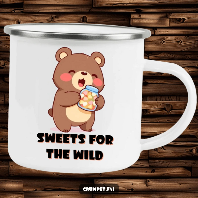 Funny bear camping mug, enamel mug, stout character holding sweets jar, outdoor gear, humorous gift for adventurers.
