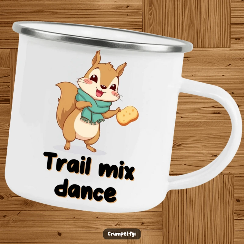 Funny squirrel wearing a scarf doing a silly jig with a crumpet on an enamel camping mug.