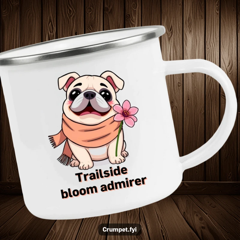 Funny Camping Mug with a content bulldog in a scarf happily sniffing a flower, ideal for outdoor adventures and hot beverages.