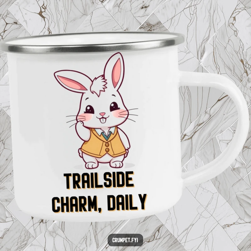 Funny Camping Mug: A playful rabbit in a waistcoat tipping its cap with a cheeky grin, ready for outdoor fun.