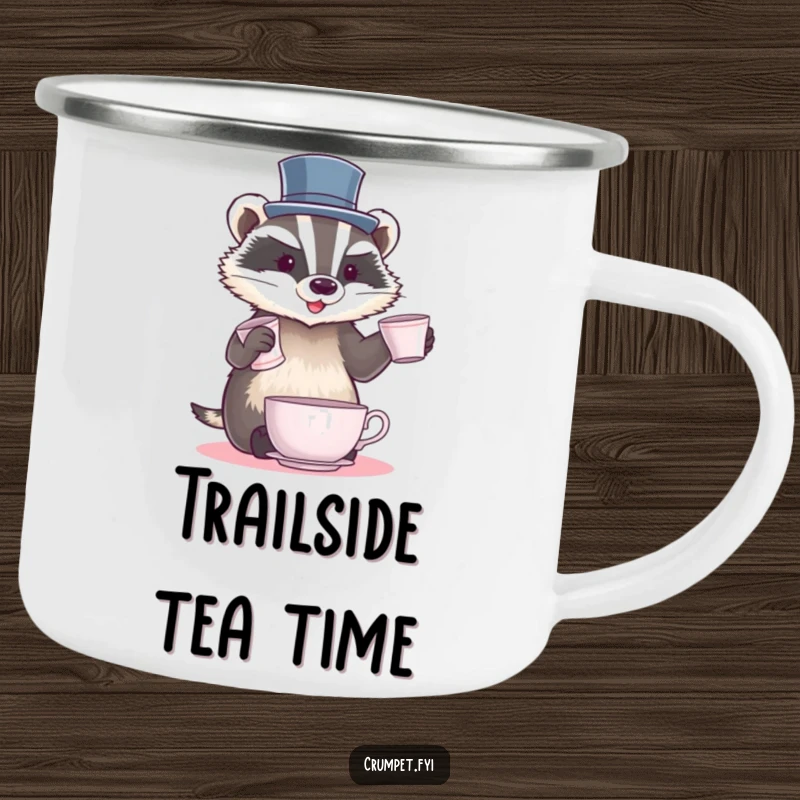 Funny Badger Camping Mug where a badger in a top hat juggles teacups, perfect for outdoor enjoyment and a good laugh.