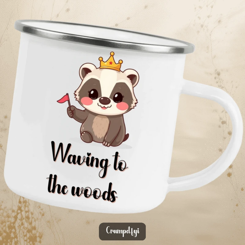 Funny Badger Crown Flag Camping Mug: A smiling badger wearing a tiny crown waves a small flag, ready for outdoor fun.