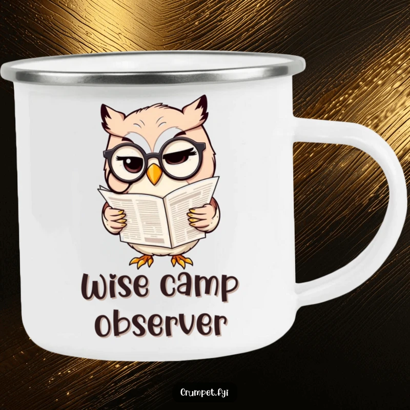 Funny camping mug with a winking owl wearing a monocle and reading a newspaper, ideal for smart outdoor enjoyment.