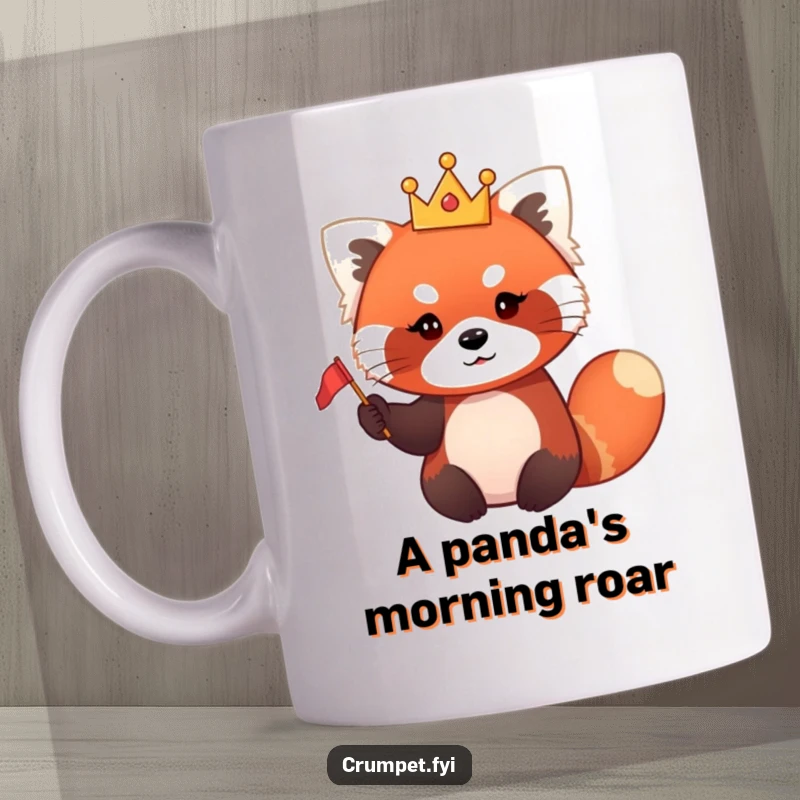 Funny red panda mug featuring a cute red panda wearing a tiny crown and waving a small flag with a smile.