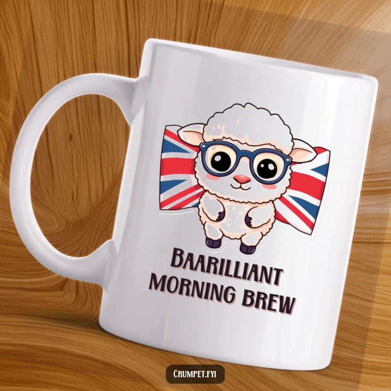 Funny sheep wearing spectacles peeking from behind a Union Jack flag, British humor mug for tea lovers.