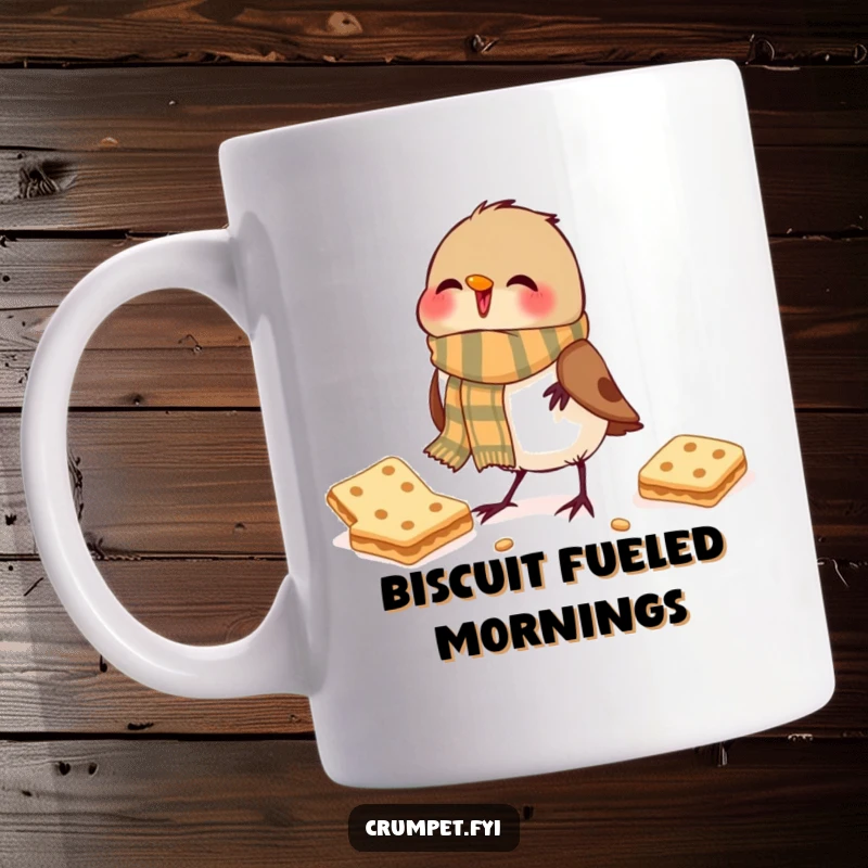 Funny Mug: Jubilant robin wearing a dapper scarf happily pecks at a delicious biscuit.