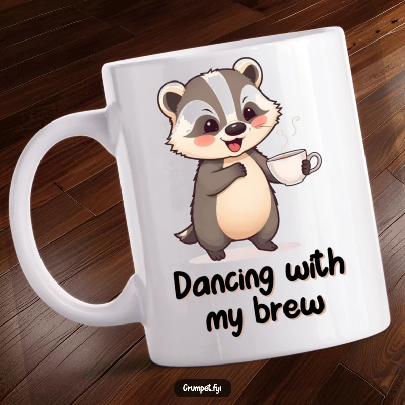 Funny mug of a playful badger performing a jaunty dance while holding a teacup, full of whimsical humor.