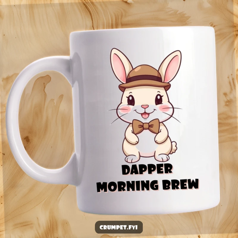 Funny mug showing a cheerful rabbit wearing a miniature bowler hat and a smart bow tie with a happy expression.