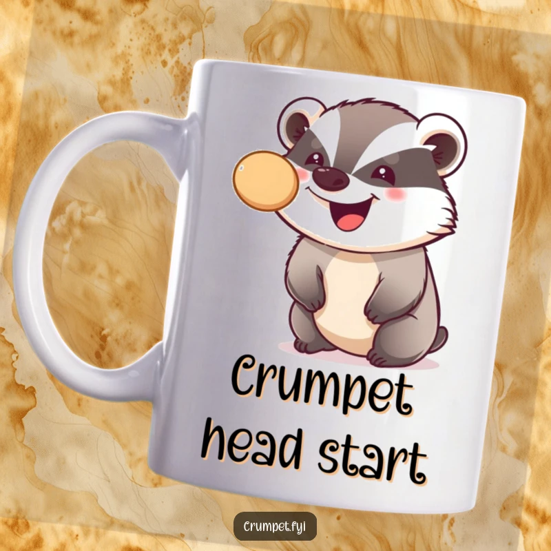 Funny mug featuring a smiling badger skillfully balancing a crumpet on the tip of its nose, adding whimsical charm.