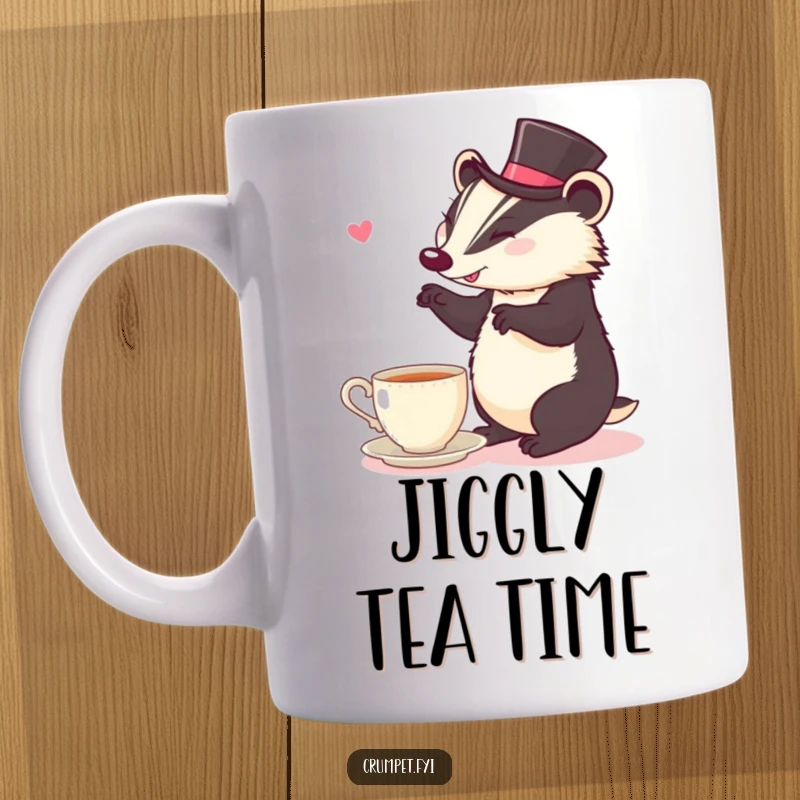 Funny Mug: Cheerful badger wearing a top hat energetically dances near a steaming cup of tea.