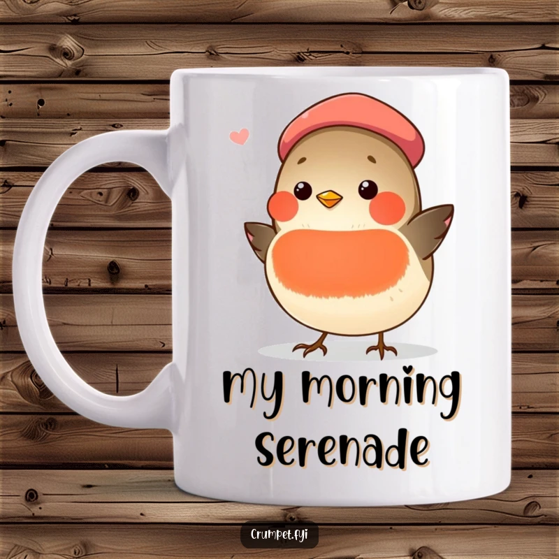 Funny chubby robin wearing a beret, singing joyfully on a mug, perfect for art lovers and gift seekers.