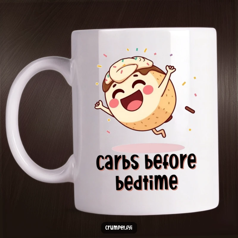 Funny Coffee Cake Mug featuring a joyful character mid-cartwheel, mid-air with sprinkles flying, embodying pure energetic fun.