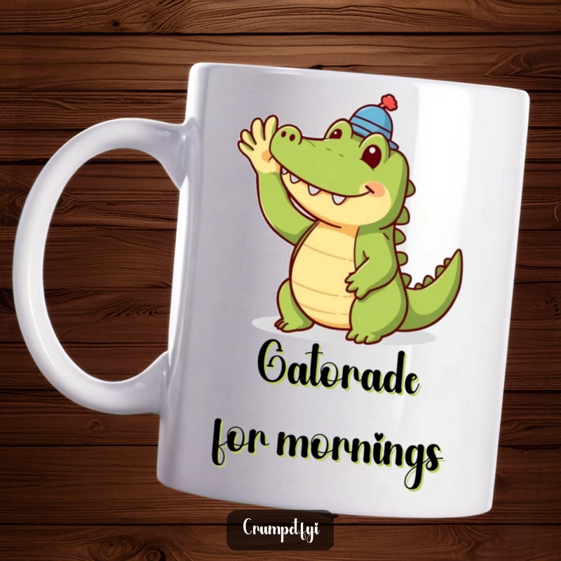 Funny crocodile mug featuring a smiling crocodile wearing a tiny hat and waving hello. A delightful and humorous gift for reptile enthusiasts.