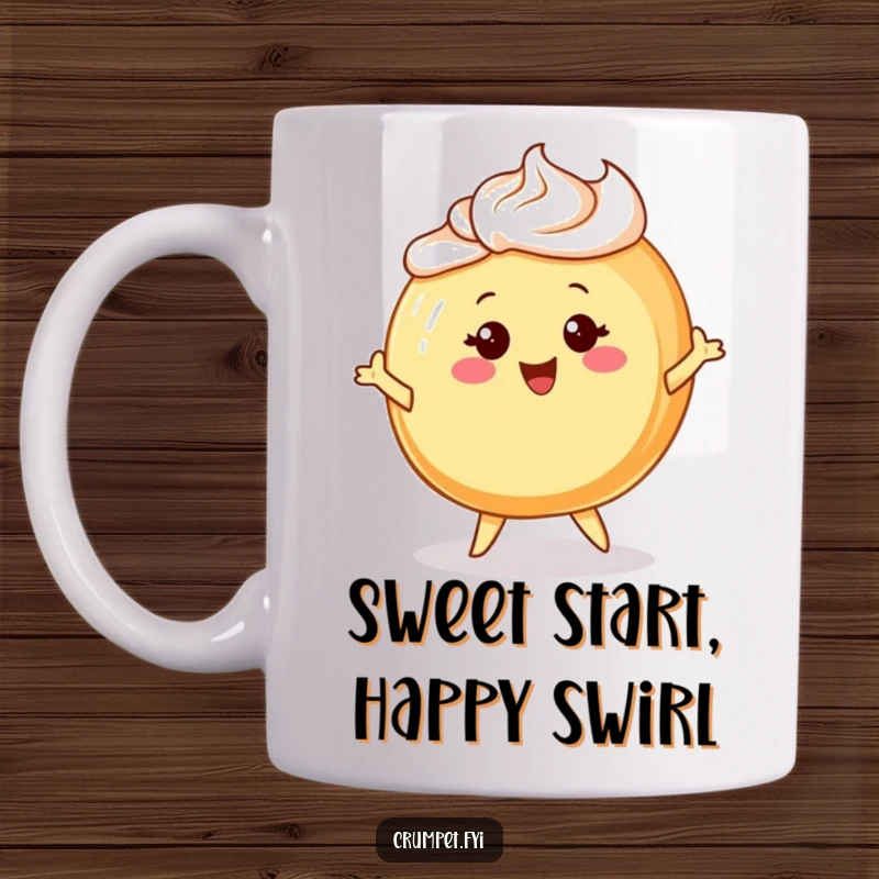 Funny mug featuring a cheerful Danish pastry character with frosting hair, happily twirling with joy.