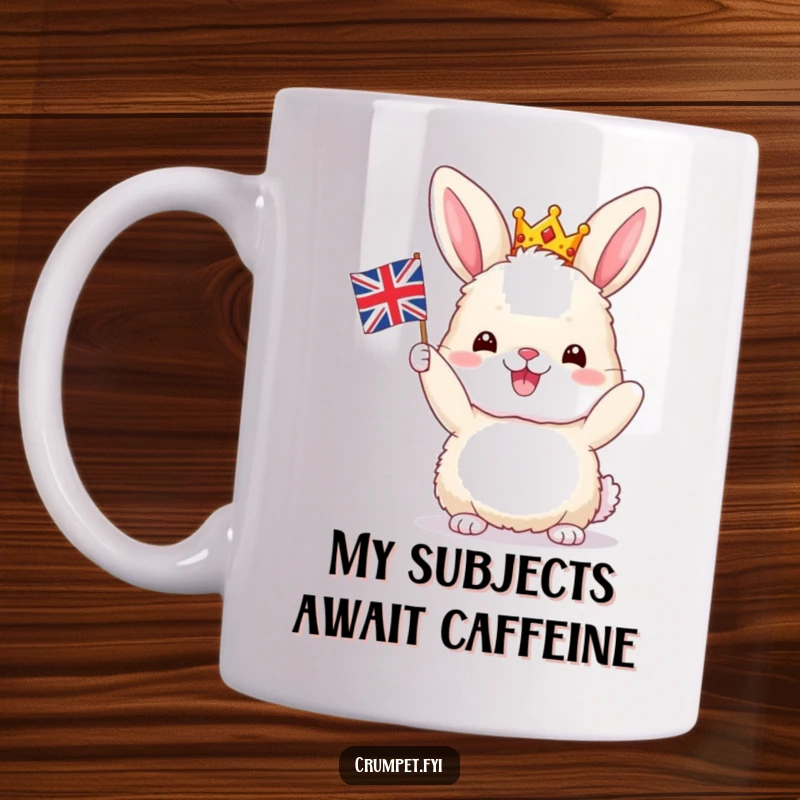 Funny Bunny Mug: A fluffy bunny in a crown joyfully waves a tiny Union Jack, celebrating British pride with a hilarious, cute design.