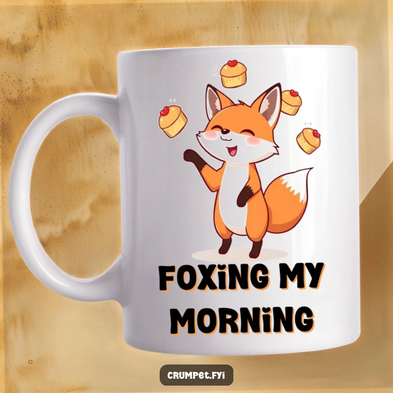 Funny mug showcasing a delighted fox skillfully juggling three small scones in the air, bringing playful energy to your beverage.