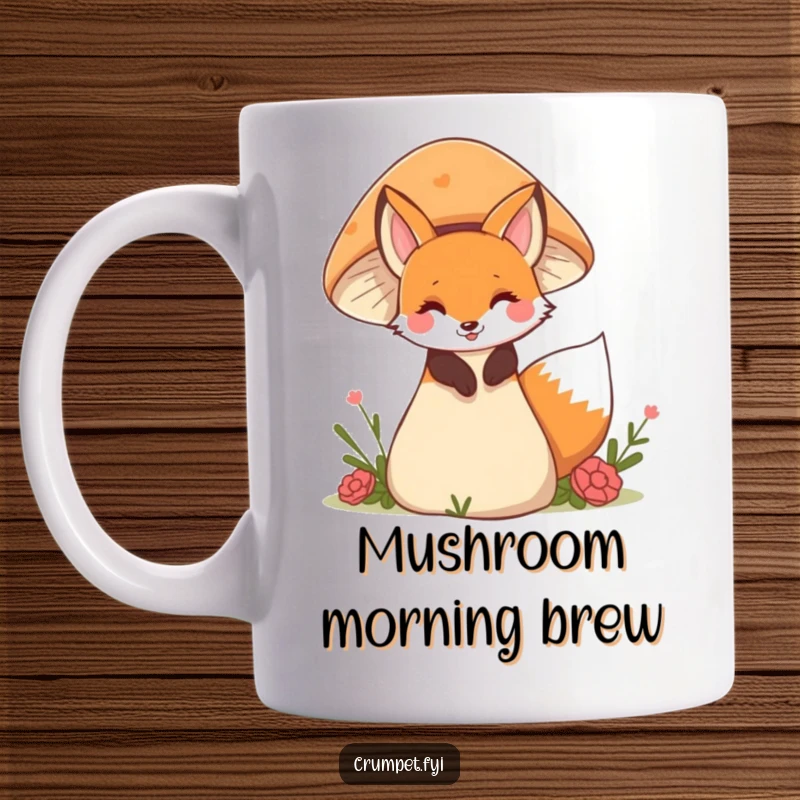Funny fox mug featuring a playful fox peeking mischievously from behind a large, colorful mushroom, evoking whimsy.