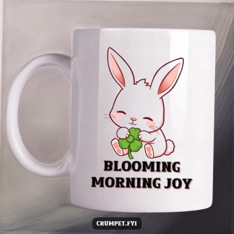 Funny content rabbit with perked ears, happily nibbling a colorful garden flower on a mug. A sweet funny gift.