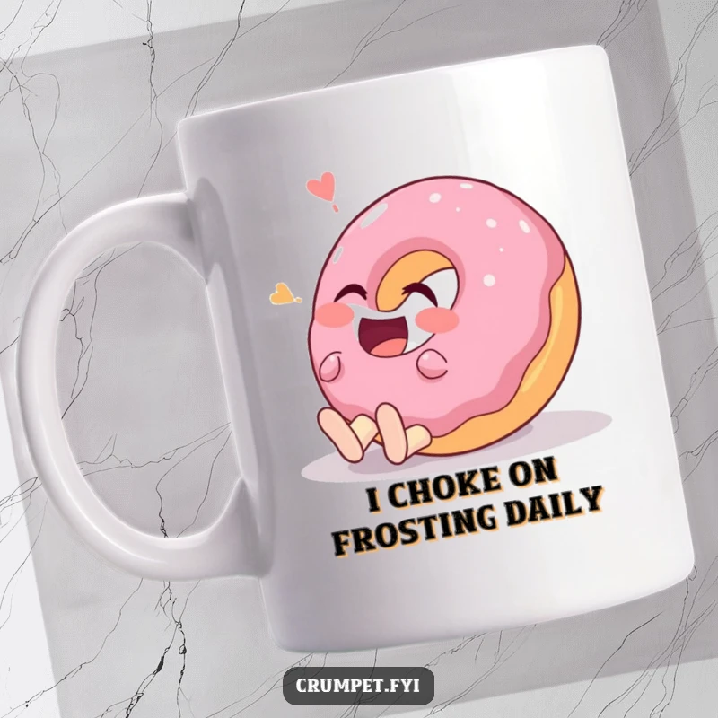 Funny donut character rolling on the ground laughing hysterically on a mug, spreading pure joy and amusement.