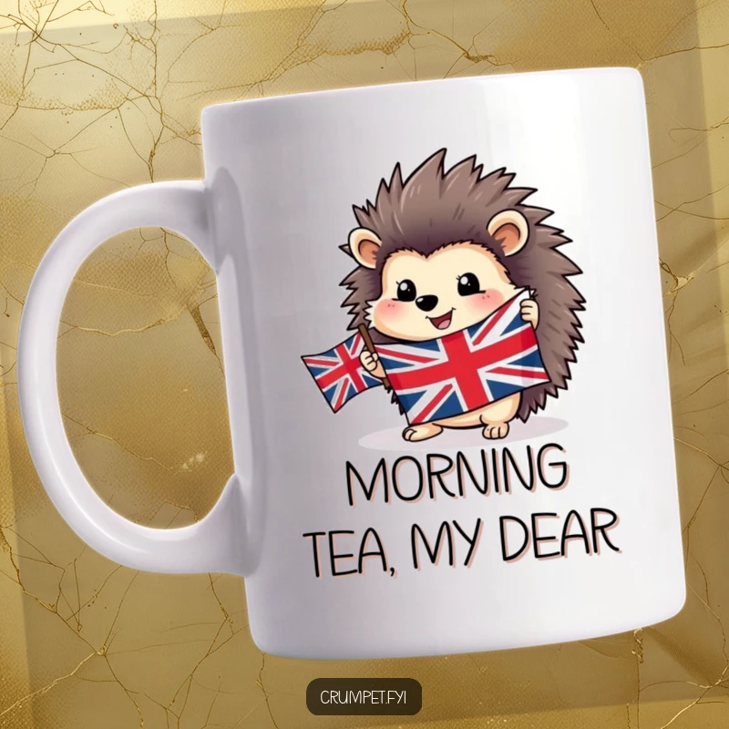 Funny happy hedgehog mug holding a Union Jack flag, showcasing a cheerful creature with patriotic British pride.