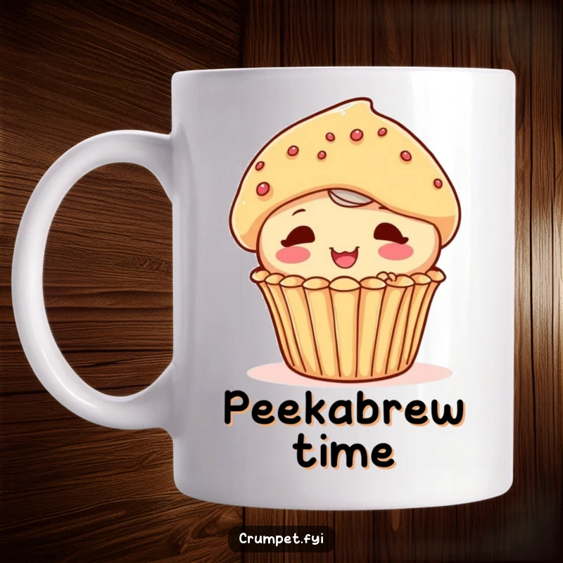 Funny playful muffin character peeking out from behind another pastry on a mug, full of charming mischief.