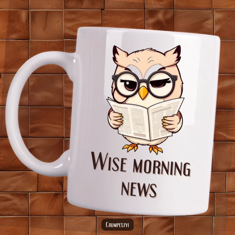 Funny mug featuring a sophisticated owl wearing a monocle and reading a tiny newspaper, exuding intelligence and humor.